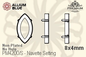 PREMIUM Navette 石座, (PM4200/S), 縫い穴なし, 8x4mm, メッキなし 真鍮