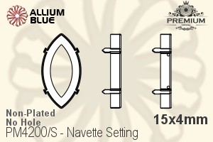 PREMIUM Navette 石座, (PM4200/S), 縫い穴なし, 15x4mm, メッキなし 真鍮